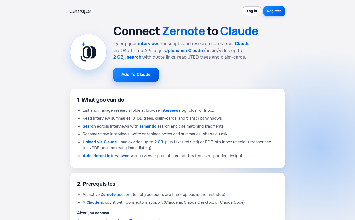Connect Zernote to Claude docs page