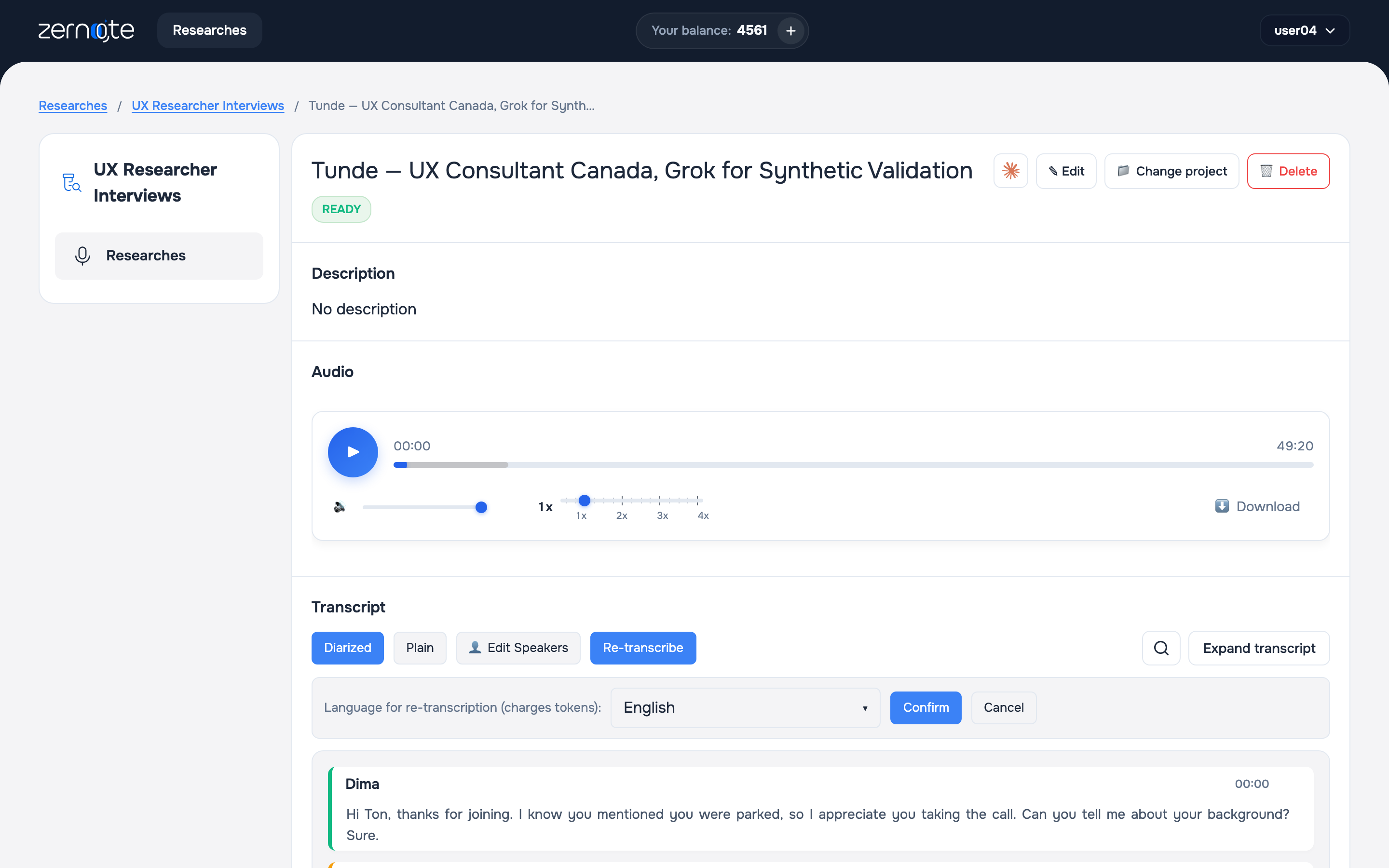 Re-transcribe language picker on an interview