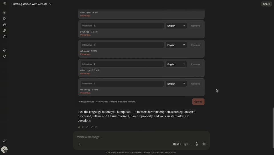 Upload To Zernote widget with a queue of interview files