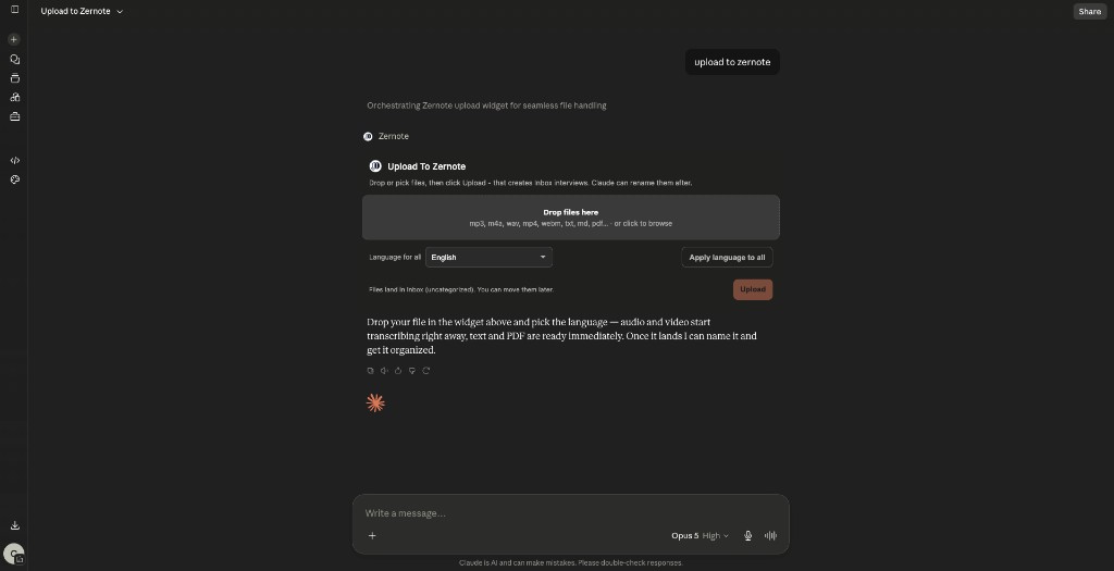 Empty Upload To Zernote widget in Claude chat